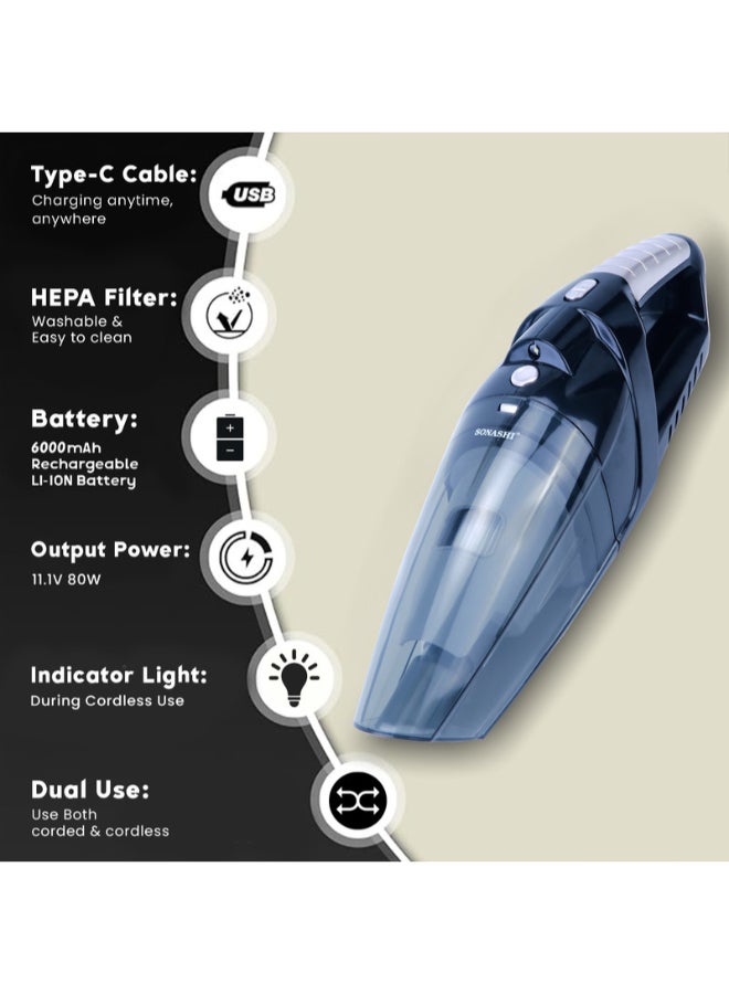 SONASHI Rechargeable Vacuum Cleaner Portable Design With Wet & Dry Functionality, With HEPA Filter And Easy Charging Slots, Continuous Working Of 22 Mins, Perfect Hoover For Home And Car 80 W SRVC-9037 Black - Image 4