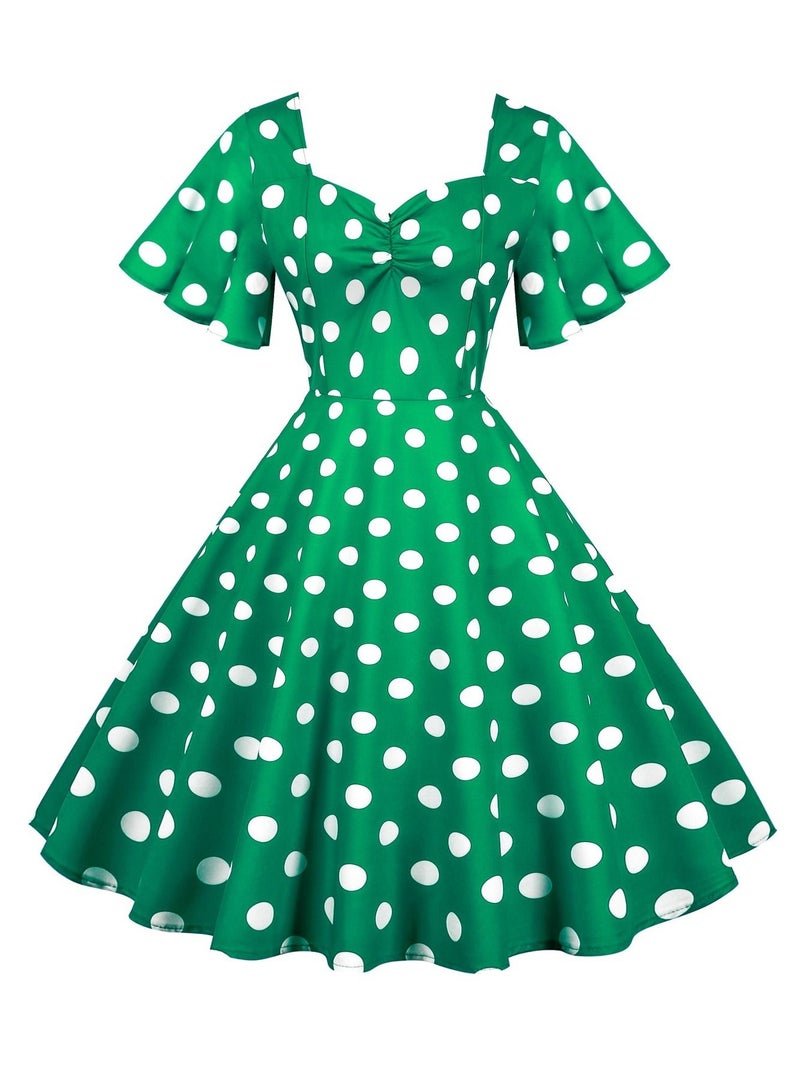 Loquat Vintage Wave Swing Short Sleeve Wave Dot Mid length Large Swing Skirt Green  - Image 1