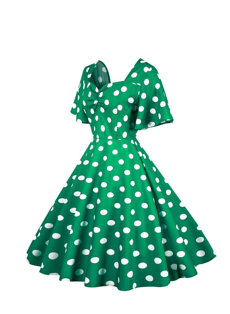 Loquat Vintage Wave Swing Short Sleeve Wave Dot Mid length Large Swing Skirt Green  - Image 2