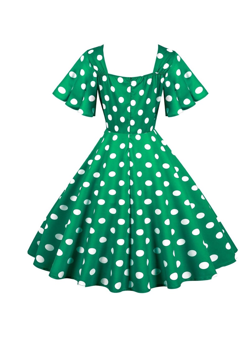 Loquat Vintage Wave Swing Short Sleeve Wave Dot Mid length Large Swing Skirt Green  - Image 3