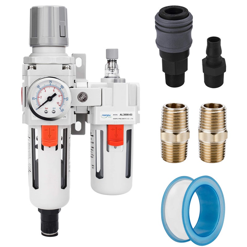 NANPU 38 NPT AutoDrain Air Filter Regulator Lubricator Combo FRL WaterOil Trap Separator Gauge0150 psi 5 Micron Brass Element Poly Bowl Metal Bracket