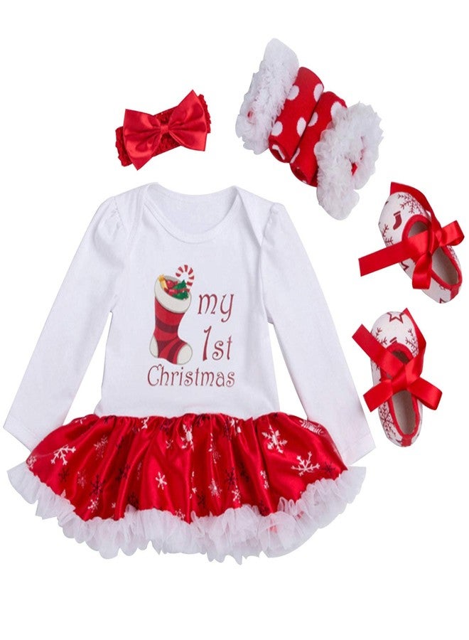 Looching Newborn Baby Girls My First Christmas Romper Tutu Dress Outfit with Headband Shoes, Christmas Sock, 3-6 Months - Image 1