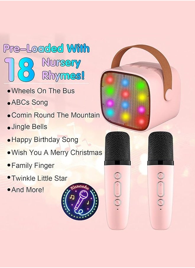 BESTIS - Kids Mini Karaoke Machine 2 Wireless Microphones Bluetooth Speaker 18 Pre-Loaded Songs Birthday Gifts with Colorful Lights (Pink) - Image 1