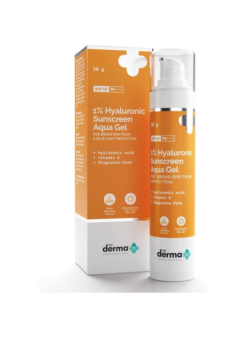 THE derma Co Hyaluronic Sunscreen Aqua Ultra Light Gel With Spf 50 Pa++++ For Broad Spectrum, UV A, UV B & Blue Light Protection For Oily Skin - 50G(Dermaco), Pack Of 1  - Image 1
