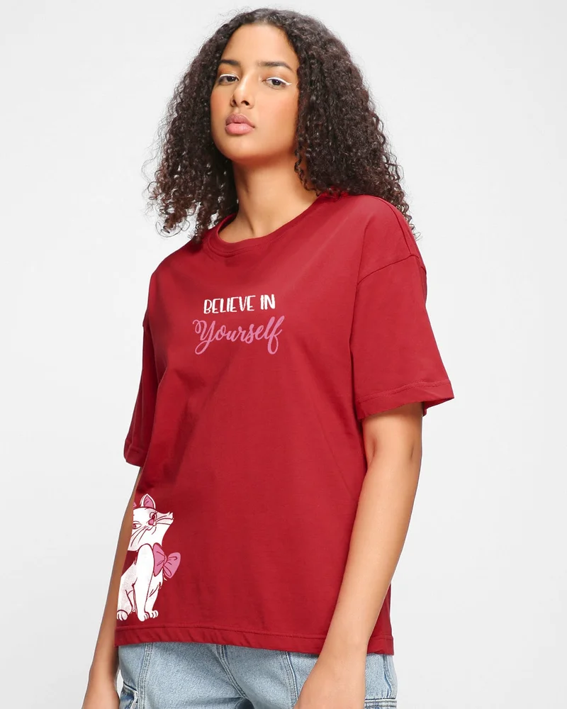 bewakoof Women's Red Believe Cat Graphic Printed Oversized T-shirt