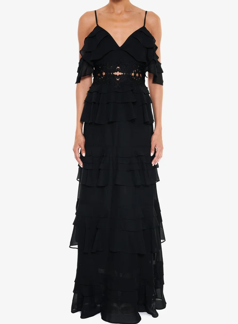 Olivia Black Cold-Shoulder Tiered Ruffle Maxi-Dress