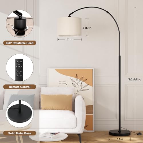 Ambimall 70' Dimmable Arc Floor Lamp with Remote, Color Temperatures and Brightness Adjustable, Arched Floor Lamp with Rotating Head, Over Couch Arched Light for Living Room (Deep Beige and Black) - Image 2