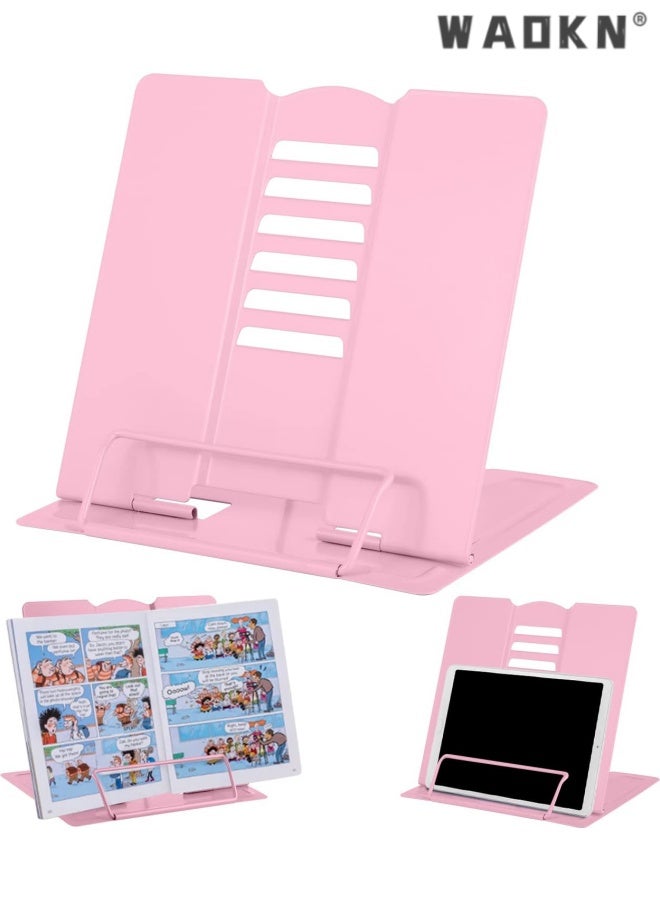 WAOKN Desk Book Stand Metal Reading Rest Book Holder Adjustable Cookbook Documents Holder Bookstands for Recipes Textbook Music Books, the First Day of School Gift for Students, Teachers ,20*15*17.5cm,pink. - Image 1