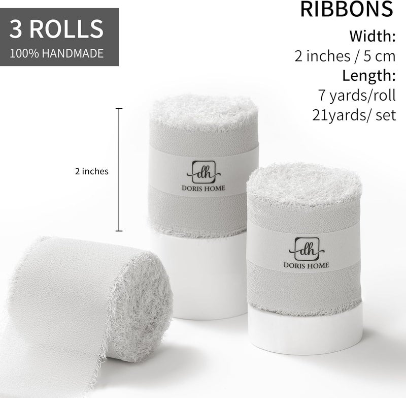 Doris Home Light Grey Chiffon Ribbon for Flower Bouquet, 2" x21Yd Fabric Ribbon for Gift Wrapping, Handmade Frayed Ribbon for Wedding, Chiffon Silk Ribbon for Christmas Decorations - Image 3
