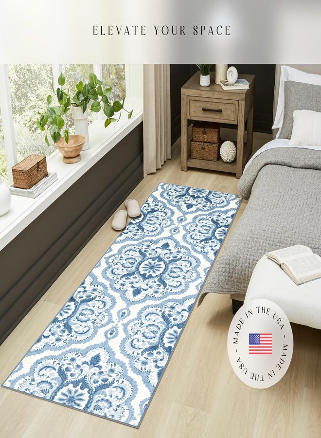 Maples Rugs Vivian Medallion Runner Rug - Made in USA - Washable, Non Slip, Indoor Carpet for Hallway, Kitchen, and Laundry Room, 2'6 x 8', Blue/White - Image 2