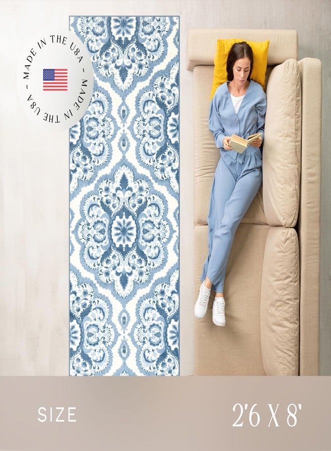 Maples Rugs Vivian Medallion Runner Rug - Made in USA - Washable, Non Slip, Indoor Carpet for Hallway, Kitchen, and Laundry Room, 2'6 x 8', Blue/White - Image 3