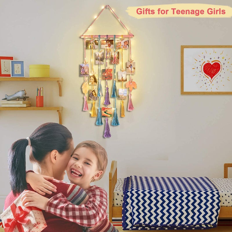 Homecor Room Decor for Teen Girls, Hanging Photo Display Macrame Picture Collage Wall Decor, Boho Decor for Bedroom Apartment Dorm Room with Remote Light, Christmas Birthday Gifts for Teenage Girls - Image 4