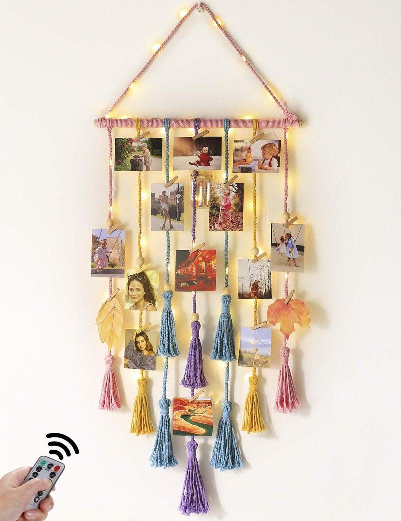 Homecor Room Decor for Teen Girls, Hanging Photo Display Macrame Picture Collage Wall Decor, Boho Decor for Bedroom Apartment Dorm Room with Remote Light, Christmas Birthday Gifts for Teenage Girls - Image 1