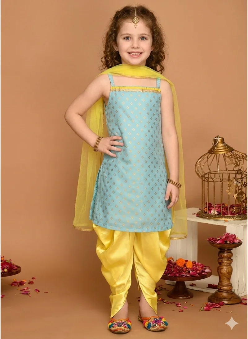 Saka Designs Girls Blue Floral Printed Kurta with Dhoti Pants and Dupatta