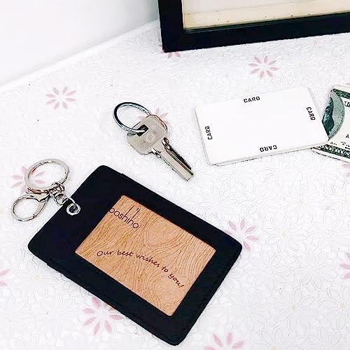 Boshiho Vertical Style Leather ID Card Badge Holder with Keychain Key Ring - Image 3