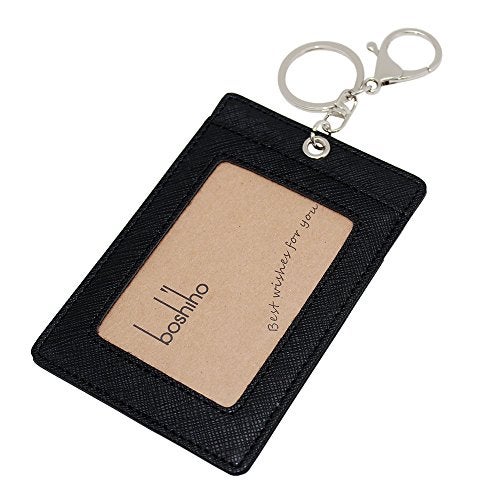 Boshiho Vertical Style Leather ID Card Badge Holder with Keychain Key Ring - Image 1