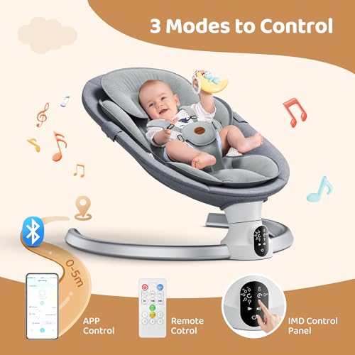 Smelluck Baby Swings for Infants - Exclusive App & Bluetooth Function, Electric Baby Swing with 5 Point Harness & 5 Sway Speeds, 10 Preset Lullabies, Portable Infant Swing for Indoor/Outdoor (Light Gray) - Image 2