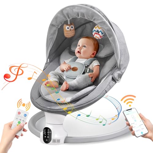 Smelluck Baby Swings for Infants - Exclusive App & Bluetooth Function, Electric Baby Swing with 5 Point Harness & 5 Sway Speeds, 10 Preset Lullabies, Portable Infant Swing for Indoor/Outdoor (Light Gray) - Image 1