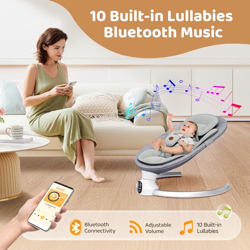 Smelluck Baby Swings for Infants - Exclusive App & Bluetooth Function, Electric Baby Swing with 5 Point Harness & 5 Sway Speeds, 10 Preset Lullabies, Portable Infant Swing for Indoor/Outdoor (Light Gray) - Image 3