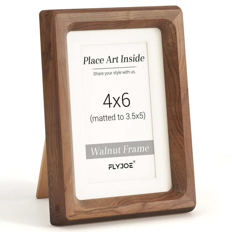 FLYJOE 4x6 Picture Frame, USA-Sourced Natural Walnut Wood Photo Frame with Tempered Glass, Handcrafted Rounded Corner 4 x 6 Wooden Frame Matted to 3.5x5 Photos, Wall or Tabletop Display - Image 1