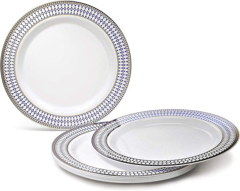 OCCASIONS FINEST PLASTIC TABLEWARE OCCASIONS 50 Disposable Plastic Plates Set for 25 Guests, Heavy Duty 10.5" Dinner & 7.5" Salad/Dessert, Fancy Wedding Party Dinnerware Set, China-Like Look, BPA Free (Odyssey White/Blue & Gold) - Image 2