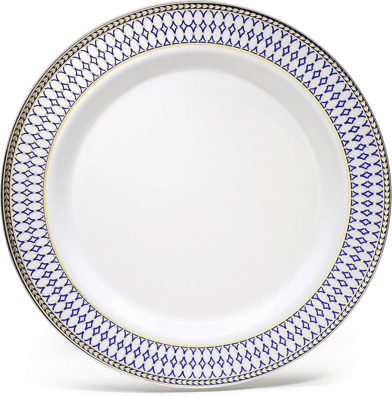 OCCASIONS FINEST PLASTIC TABLEWARE OCCASIONS 50 Disposable Plastic Plates Set for 25 Guests, Heavy Duty 10.5" Dinner & 7.5" Salad/Dessert, Fancy Wedding Party Dinnerware Set, China-Like Look, BPA Free (Odyssey White/Blue & Gold) - Image 3