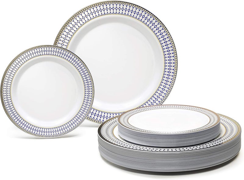 OCCASIONS FINEST PLASTIC TABLEWARE OCCASIONS 50 Disposable Plastic Plates Set for 25 Guests, Heavy Duty 10.5" Dinner & 7.5" Salad/Dessert, Fancy Wedding Party Dinnerware Set, China-Like Look, BPA Free (Odyssey White/Blue & Gold) - Image 1