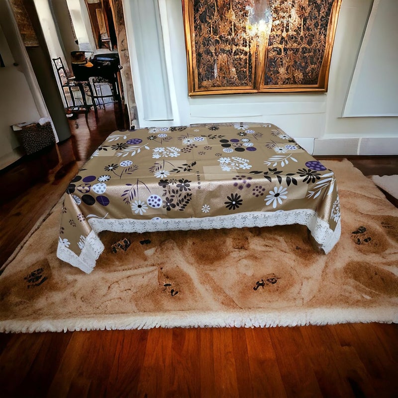 Dinning Table Cover 3D Flower Printed 2 to 4 Seater 40 60 Inches with Beautiful Crafted Lace Border 60X40 Yellowish Leaf  - Image 3