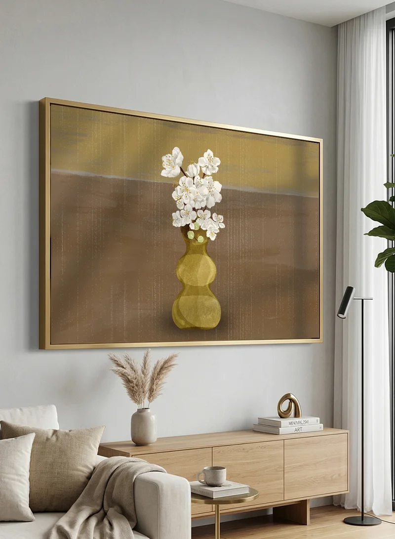 LOWHA Canvas Wall Art Stretched Over Wooden Frame with Gold Floating Frame and Abstract Vase Design