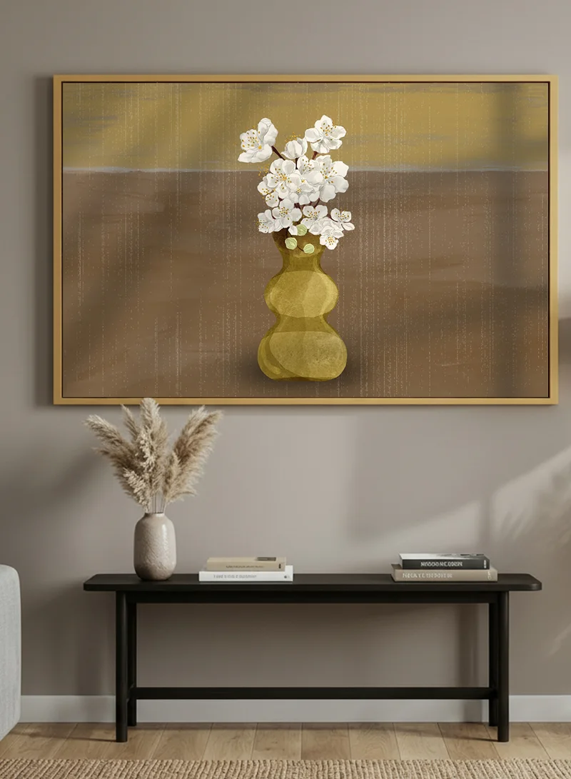 LOWHA Canvas Wall Art Stretched Over Wooden Frame with Gold Floating Frame and Abstract Vase Design