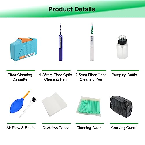 QIIRUN Fiber Optic Cleaning Kit FTTH Optical Fiber Cleaner Tools with Fiber Cleaning Cassette for FC SC ST LC MU Connectors, 1.25mm/2.5mm Fiber Cleaner Pens, Cleaning Swabs Wipes - Image 2