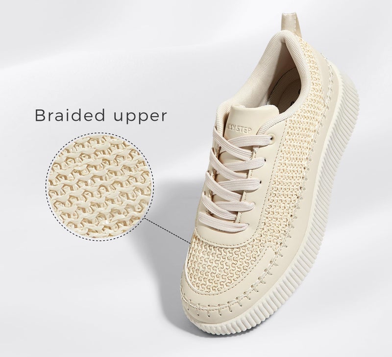 LUCKY STEP Women's Platform Sneakers Rhinestone Fashion Chunky Casual Sparkly Retro Braided Walking Shoes (Beige Knit,9.5 B(M) US) - Image 3