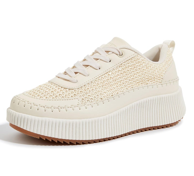 LUCKY STEP Women's Platform Sneakers Rhinestone Fashion Chunky Casual Sparkly Retro Braided Walking Shoes (Beige Knit,9.5 B(M) US) - Image 1