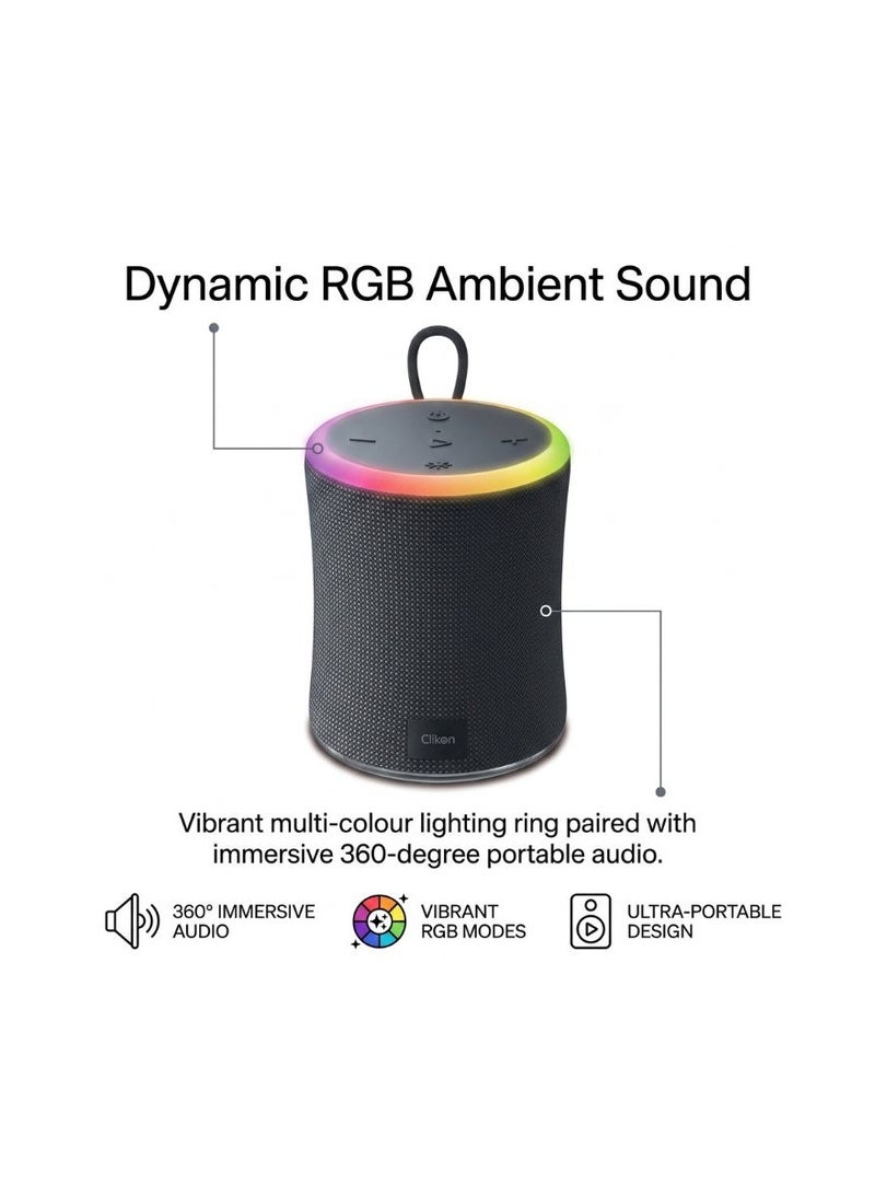 Clikon CK881 Portable Bluetooth Speaker, Black, 360° Immersive Audio with Dynamic RGB Ambient Lighting, Wireless Portable Speaker with Volume & Track Controls, Play/Pause and Carry Loop - Image 4