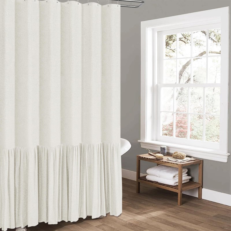 BTTN Farmhouse Shower Curtain - Rustic Heavy Duty Fabric Linen Shower Curtain Set with Ruffle Hem  Machine Washable  Vintage Shabby Chic Cloth Shower Curtains for Bathroom - Natural - 72x72 - Image 5