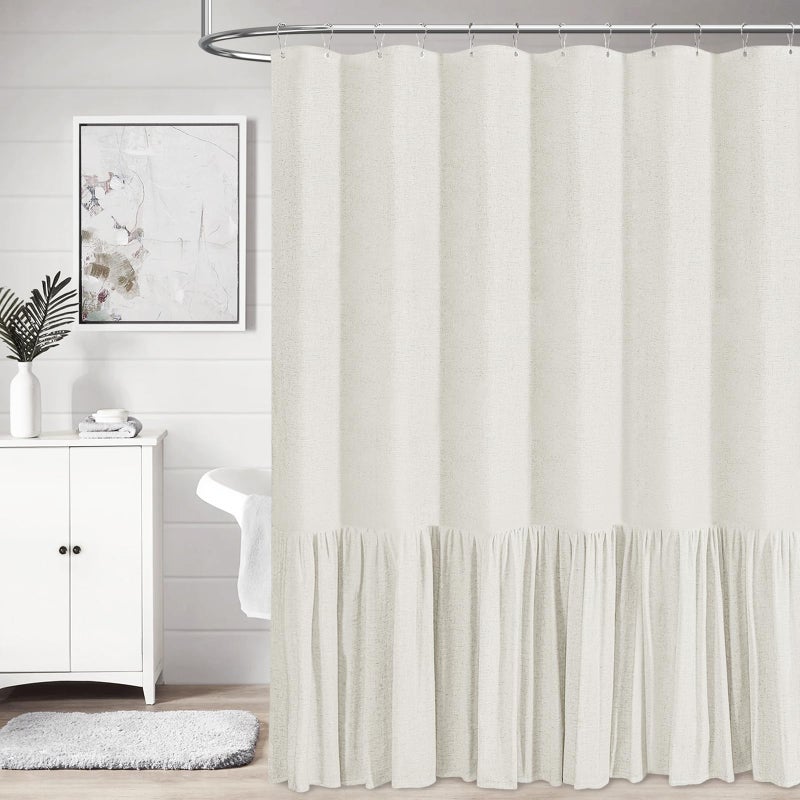 BTTN Farmhouse Shower Curtain - Rustic Heavy Duty Fabric Linen Shower Curtain Set with Ruffle Hem  Machine Washable  Vintage Shabby Chic Cloth Shower Curtains for Bathroom - Natural - 72x72 - Image 1