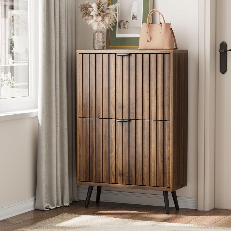 Smart FENDEE Shoe Cabinet Slim Fluted Shoe Cabinet Storage for Entryway Walnut Hidden Shoe Cabinet with Metal Legs and Flip Doors