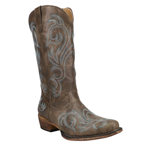 ROPER Womens Riley Embroidered Snip Toe Casual Boots Mid Calf Low Heel 1-2" - Brown - Size 7.5 B - Image 2