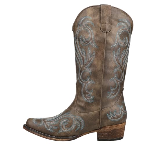 ROPER Womens Riley Embroidered Snip Toe Casual Boots Mid Calf Low Heel 1-2" - Brown - Size 7.5 B - Image 3