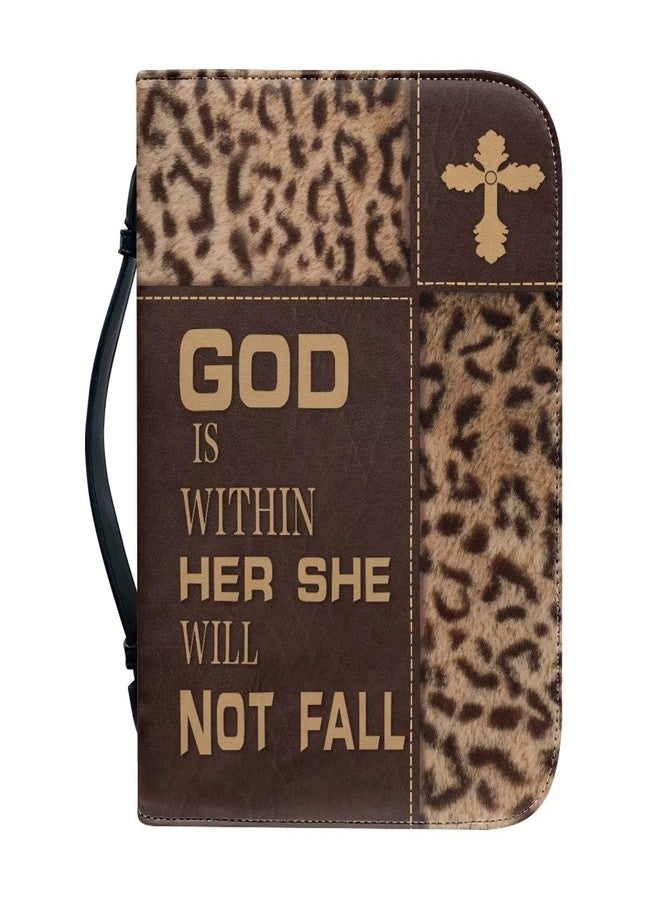 Talayituse Cross Leopard Print Faux Leather Bible Cover for Men Boys Women Girls God is Within Her Christian Bible Case with Handle Carrying Book Case Protector Bible Tote Handbag, L - Image 1