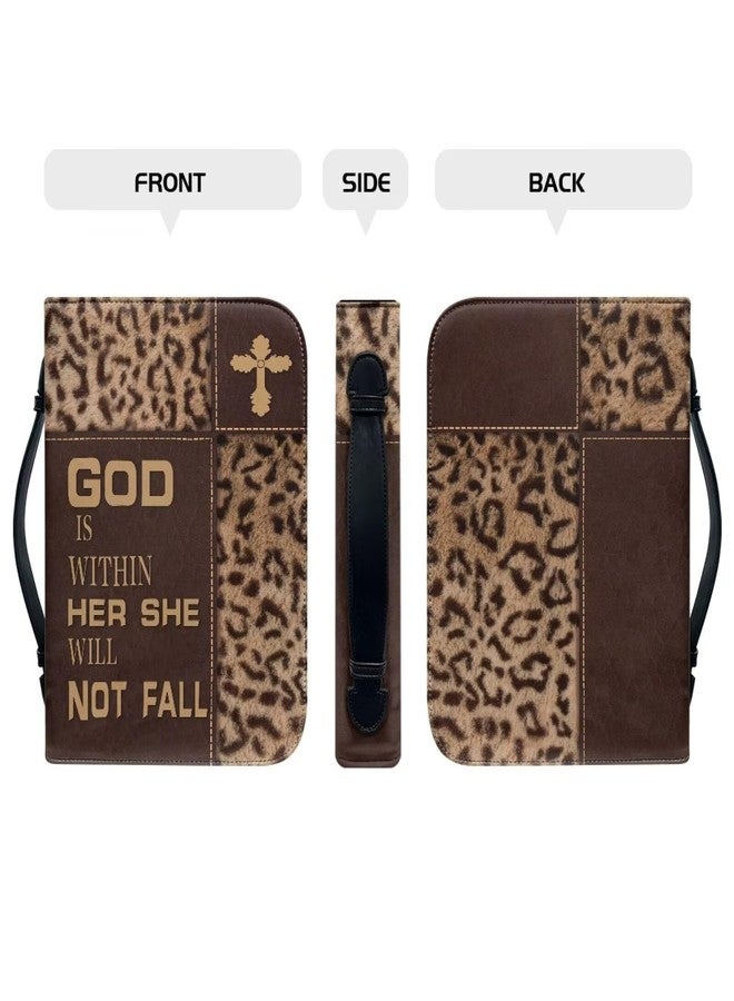Talayituse Cross Leopard Print Faux Leather Bible Cover for Men Boys Women Girls God is Within Her Christian Bible Case with Handle Carrying Book Case Protector Bible Tote Handbag, L - Image 3