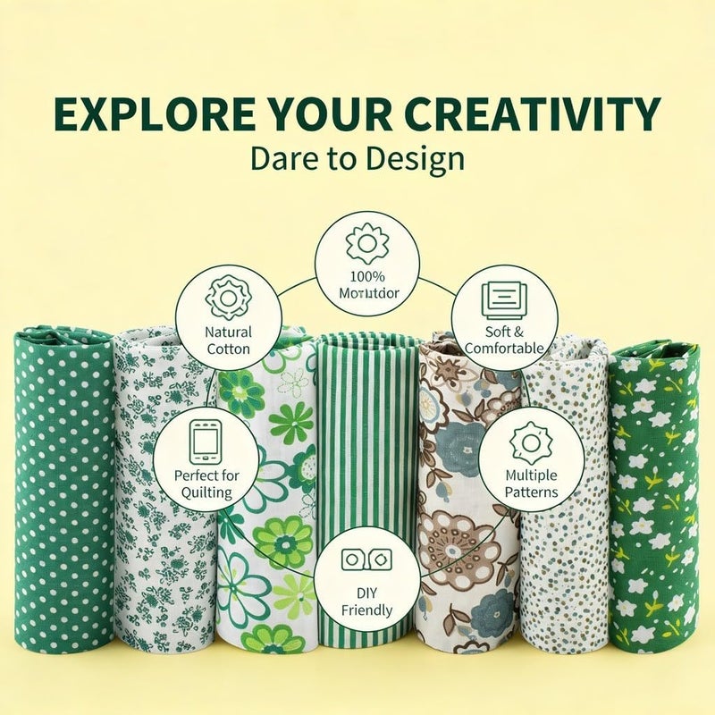 Cotton Fabric Squares 7pcs 25x25cm, Pre Cut Dark Green Quilt Fabric Bundle - 100% Cotton Material, Assorted DIY Crafting, Home Decoration - Image 5