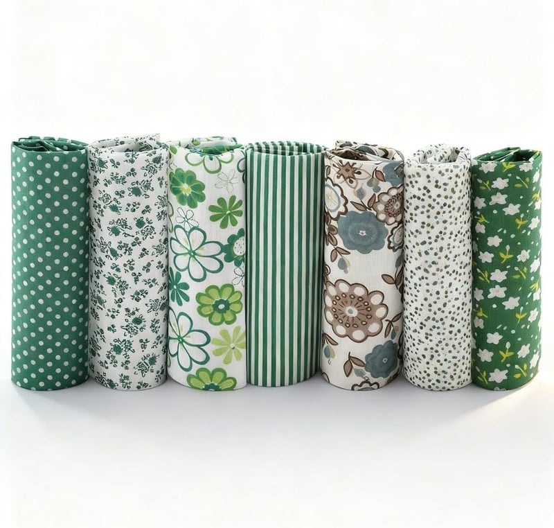 Cotton Fabric Squares 7pcs 25x25cm, Pre Cut Dark Green Quilt Fabric Bundle - 100% Cotton Material, Assorted DIY Crafting, Home Decoration - Image 1