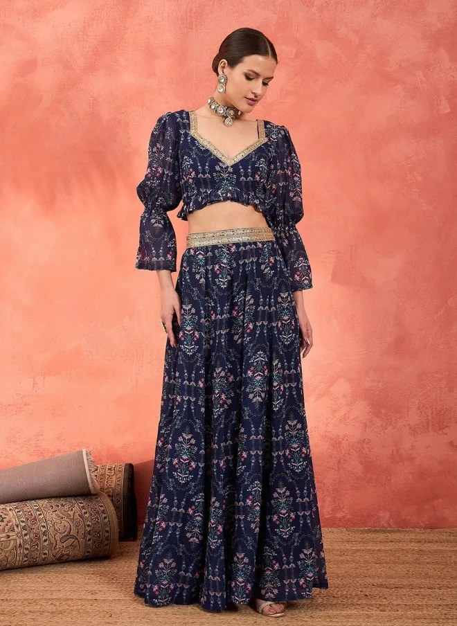 SASSAFRAS Navy Blue Printed Lehenga Choli Set for Women