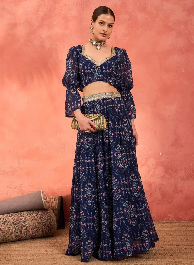 SASSAFRAS Navy Blue Printed Lehenga Choli Set for Women
