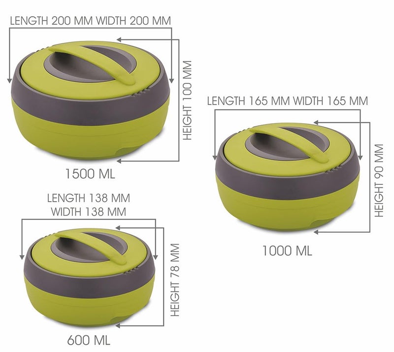 ASIAN Plastic Casserole Inner Stainless Steel Casserole Gift Set of 3 (600 ml, 1000 ml, 1500 ml), Green | PU Insulated | BPA Free | Food Grade | Hot & Cold | Easy To Carry - Image 4