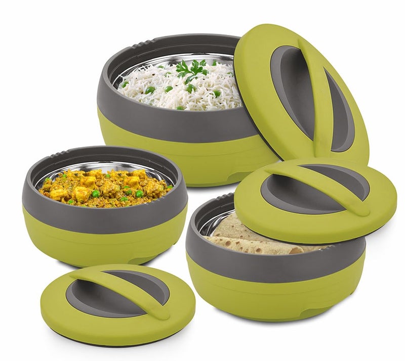 ASIAN Plastic Casserole Inner Stainless Steel Casserole Gift Set of 3 (600 ml, 1000 ml, 1500 ml), Green | PU Insulated | BPA Free | Food Grade | Hot & Cold | Easy To Carry - Image 1
