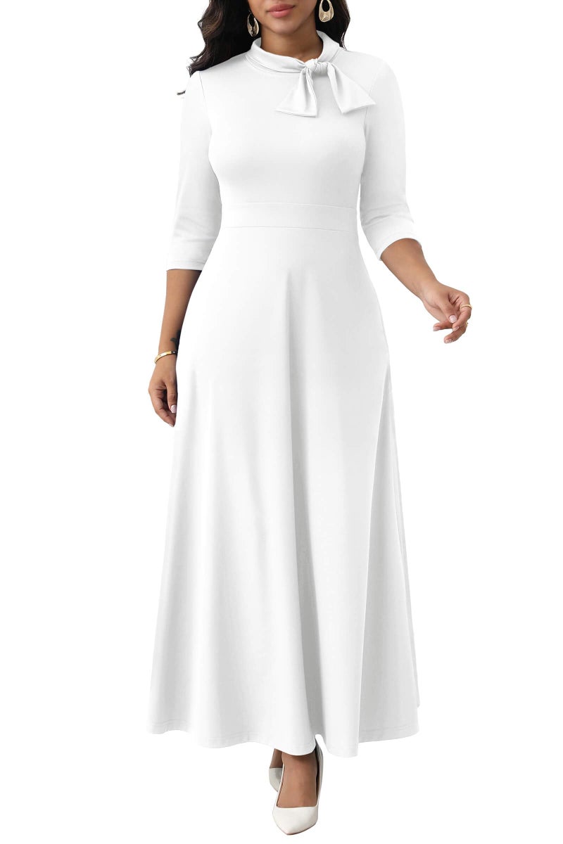 FANDEE Maxi Dress for Women Long Elegant A Line 3/4 Sleeve Bow Tie Neck Casual Party Church Dresses with Pockets White 2XL - Image 1