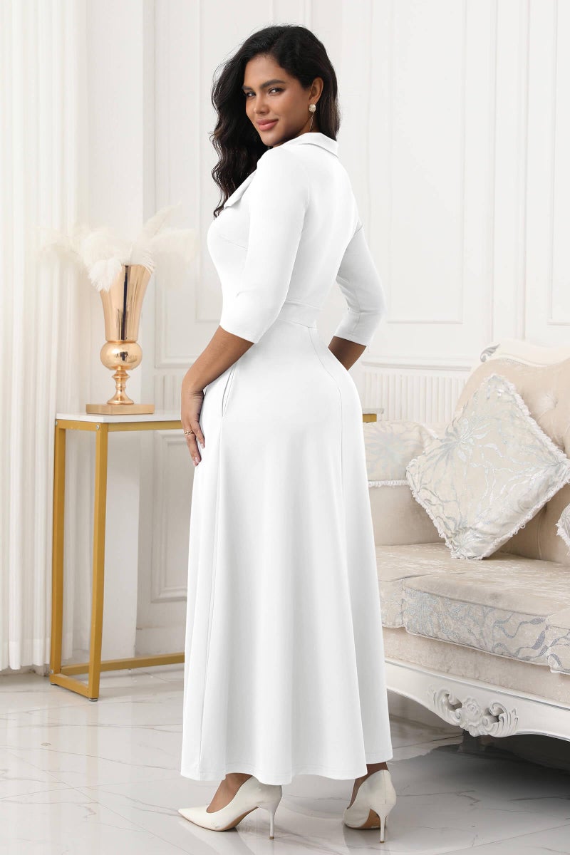 FANDEE Maxi Dress for Women Long Elegant A Line 3/4 Sleeve Bow Tie Neck Casual Party Church Dresses with Pockets White 2XL - Image 5