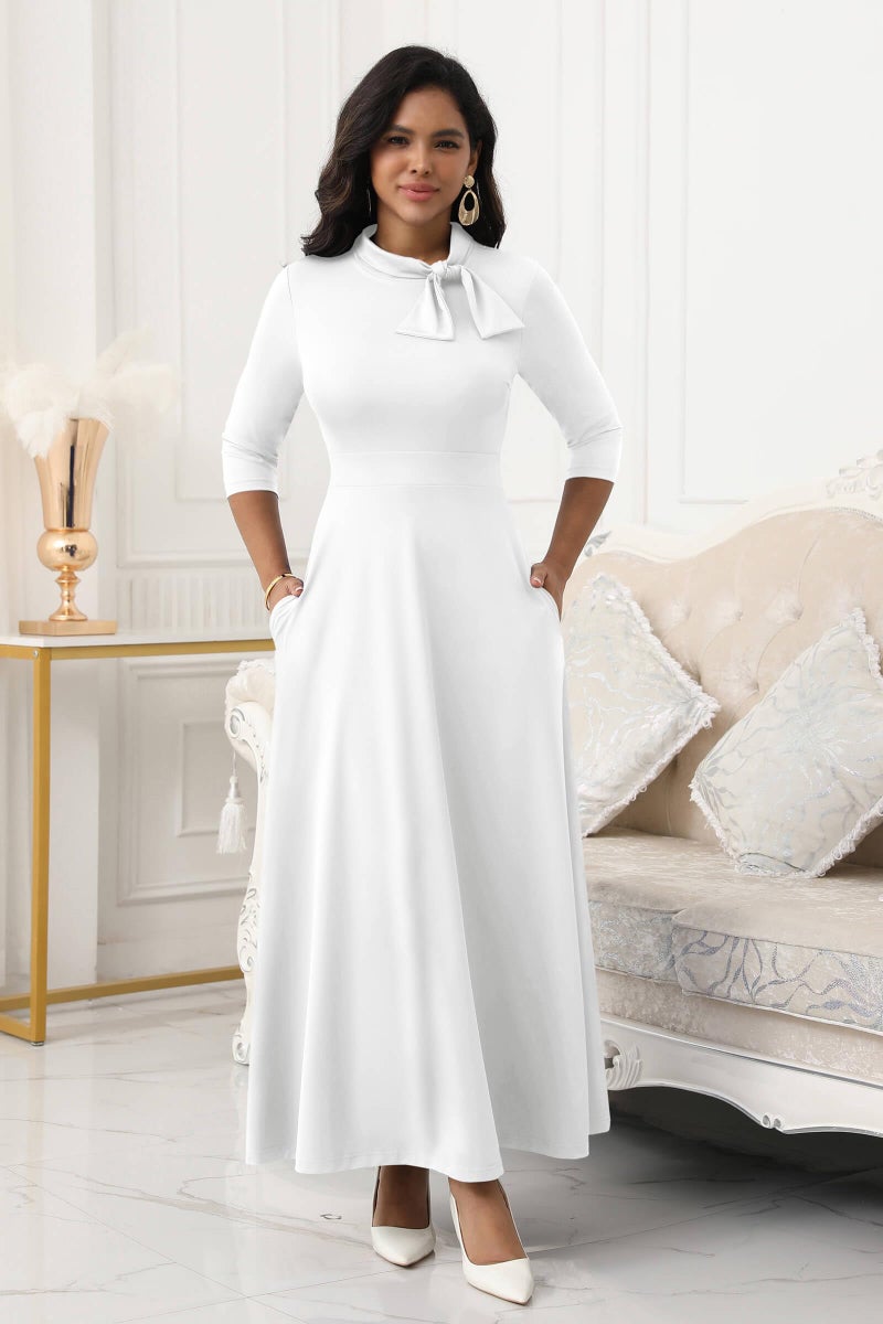 FANDEE Maxi Dress for Women Long Elegant A Line 3/4 Sleeve Bow Tie Neck Casual Party Church Dresses with Pockets White 2XL - Image 4